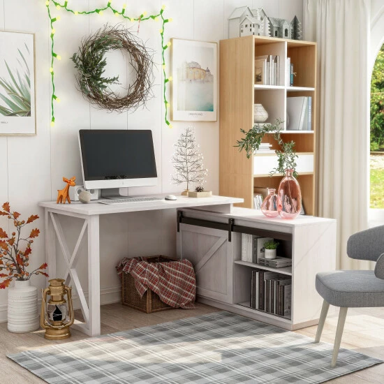 Outlet ⭐ Furniture Of America Brasnar 56-inch L-shape Storage Computer Desk White Oak 🔔