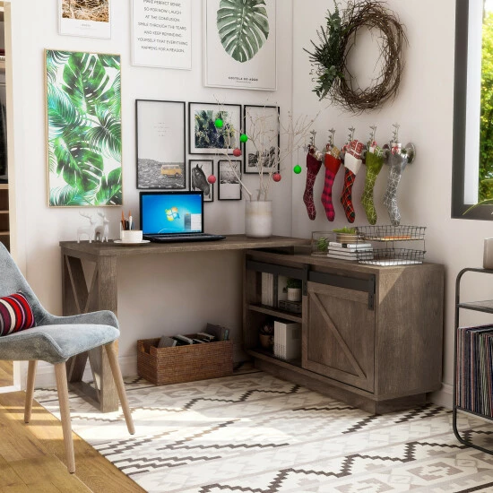 Outlet ⭐ Furniture Of America Brasnar 56-inch L-shape Storage Computer Desk White Oak 🔔 - Image 2