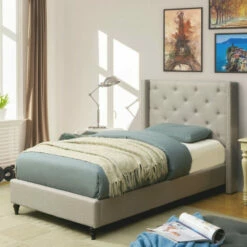 Wholesale 👍 Furniture Of America Ralen Contemporary Linen-like Platform Bed Warm Grey ✨