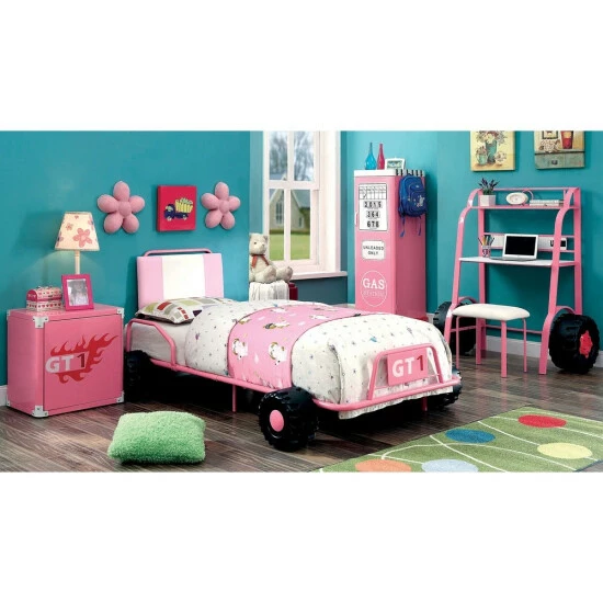 Promo 😉 Furniture Of America Tere Modern Twin 4-piece Racing Bedroom Set Pink 😉 - Image 7