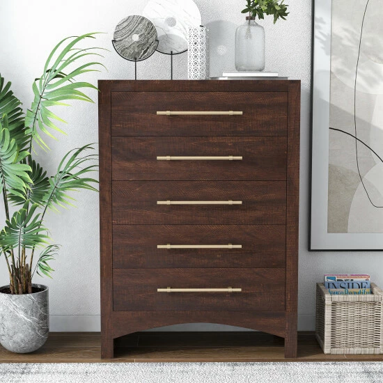 Discount 😉 Furniture Of America Malgan Transitional Walnut 5-Drawer Tall 👗 Dresser 🔥 - Image 2