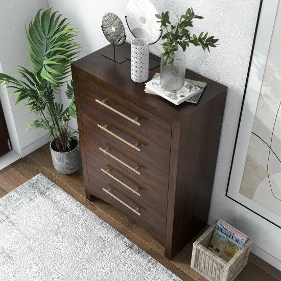 Discount 😉 Furniture Of America Malgan Transitional Walnut 5-Drawer Tall 👗 Dresser 🔥 - Image 3