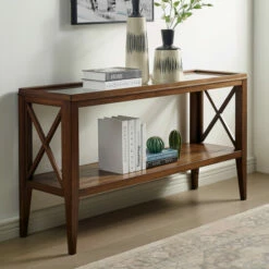 Brand new ⌛ Furniture Of America Hinz Farmhouse Solid Wood 1-shelf Sofa Table Dark Oak ⌛