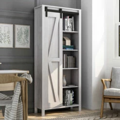 Hot Sale 🥰 Furniture Of America Jessica Farmhouse 5-shelf Sliding Door Bookcase Vintage Walnut 🔔