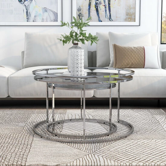 Coupon ⌛ Furniture Of America Ensigne Glam Chrome 2-piece Nesting Tables Set Grey Glass 🥰 - Image 2
