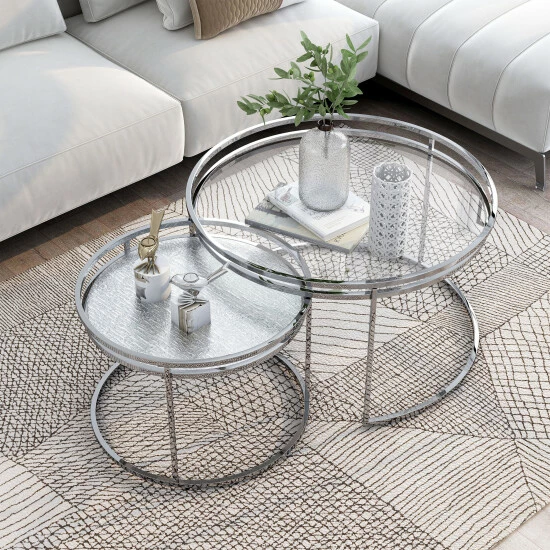 Coupon ⌛ Furniture Of America Ensigne Glam Chrome 2-piece Nesting Tables Set Grey Glass 🥰 - Image 3