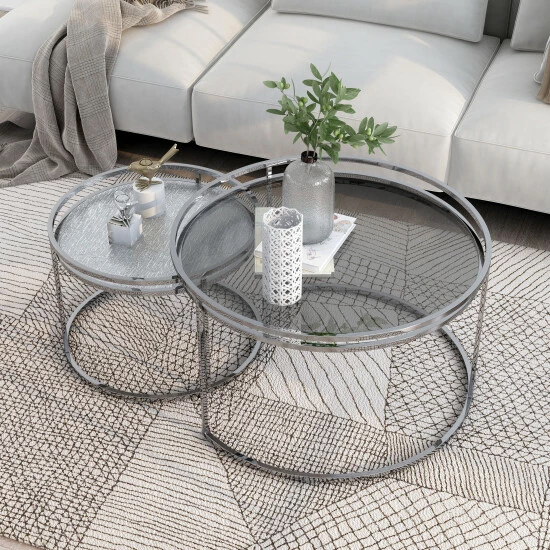 Coupon ⌛ Furniture Of America Ensigne Glam Chrome 2-piece Nesting Tables Set Grey Glass 🥰 - Image 4