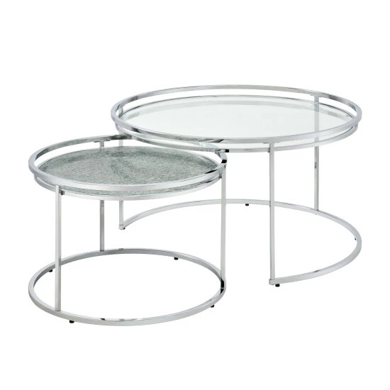 Coupon ⌛ Furniture Of America Ensigne Glam Chrome 2-piece Nesting Tables Set Grey Glass 🥰 - Image 5