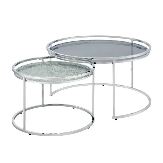 Coupon ⌛ Furniture Of America Ensigne Glam Chrome 2-piece Nesting Tables Set Grey Glass 🥰 - Image 6