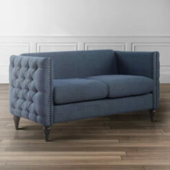 Wholesale 🔔 Furniture Of America Clara Tuxedo Linen Tufted Nailhead Loveseat Dark Blue 🤩