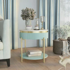 Wholesale 🛒 Furniture Of America Reed Faux Marble Side Table With Hidden Drawer Light Teal Blue ⌛