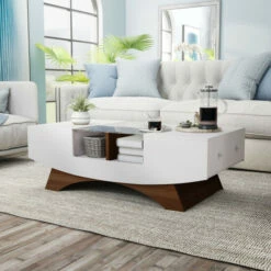 Best Sale 🔥 Furniture Of America Angelic Contemporary 49-inch 4-shelf Coffee Table White/light Walnut 🧨