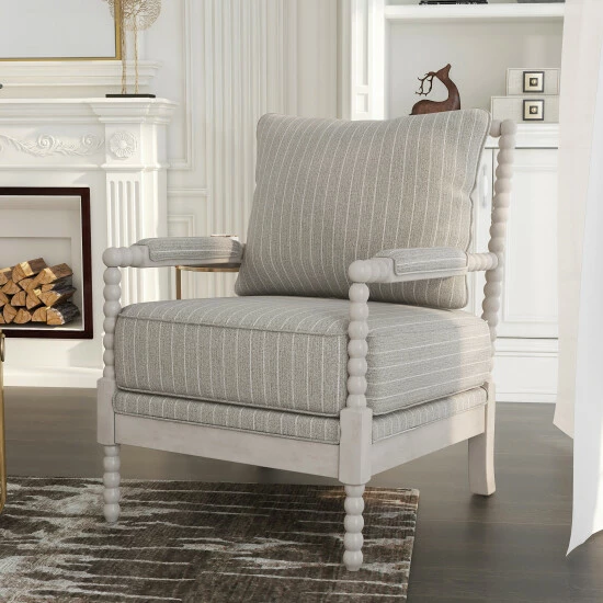 New ✨ Furniture Of America Quince Farmhouse Fabric Padded Beaded Armchair Striped Taupe 🔔