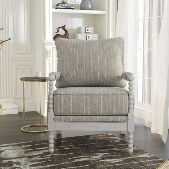 New ✨ Furniture Of America Quince Farmhouse Fabric Padded Beaded Armchair Striped Taupe 🔔 - Image 3