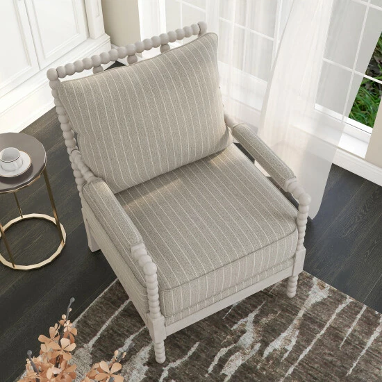 New ✨ Furniture Of America Quince Farmhouse Fabric Padded Beaded Armchair Striped Taupe 🔔 - Image 5