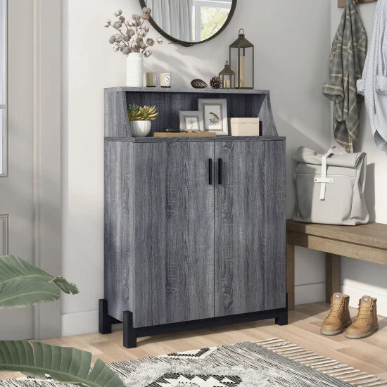 Brand new 😀 Furniture Of America Sost 5-shelf Contemporary 2-door 👟 Shoe Cabinet Distressed Grey 😉