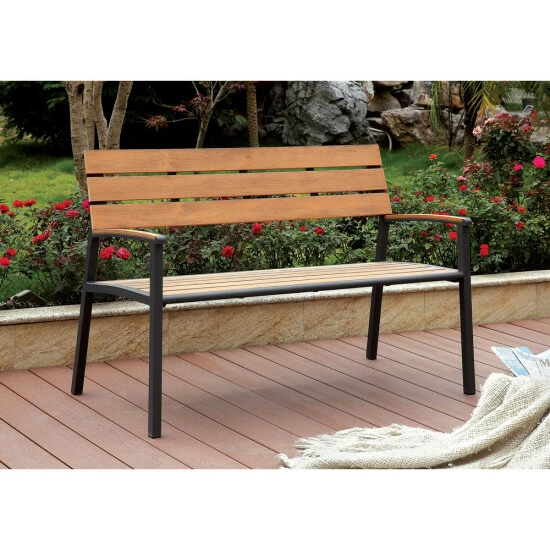 New 😍 Furniture Of America Jory Rustic Metal Slatted Outdoor Bench Oak 😉