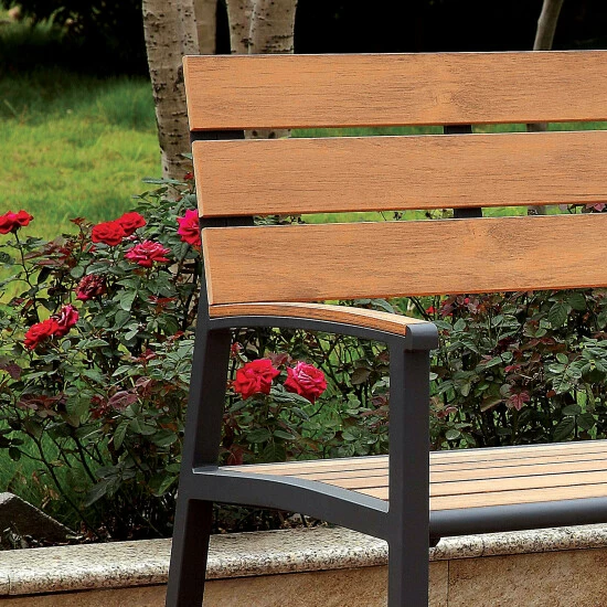 New 😍 Furniture Of America Jory Rustic Metal Slatted Outdoor Bench Oak 😉 - Image 3