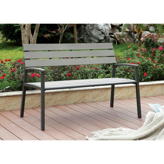 New 😍 Furniture Of America Jory Rustic Metal Slatted Outdoor Bench Oak 😉 - Image 6