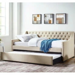 Discount ❤️ Furniture Of America Curm Traditional Beige Tufted Daybed With Trundle 🛒
