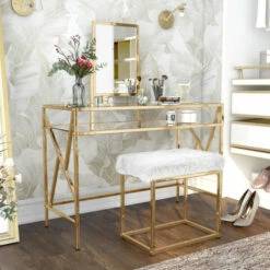 Buy 💯 Furniture Of America Davila Glam Glass Vanity Set With Faux Fur Stool Chrome 🧨