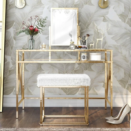 Buy π― Furniture Of America Davila Glam Glass Vanity Set With Faux Fur Stool Chrome 𧨠- Image 5