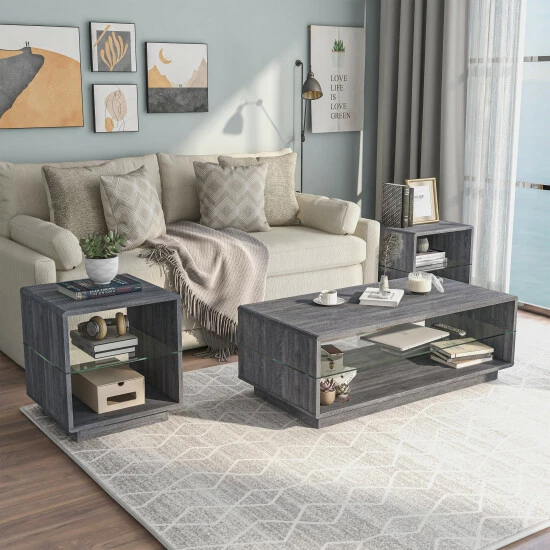 New 🎉 Furniture Of America Jessica 3-piece Coffee And End Table Set Distressed Grey 🔥