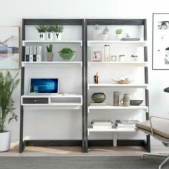 Brand new 🔔 Furniture Of America Liri 2-piece Computer Desk With Bookcase Set Weathered White ⌛