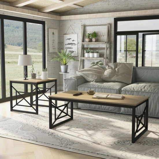 Outlet 🥰 Furniture Of America Transitional 2-Piece Coffee Table Set Natural Oak/black 👍