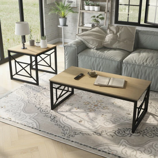 Outlet 🥰 Furniture Of America Transitional 2-Piece Coffee Table Set Natural Oak/black 👍 - Image 5