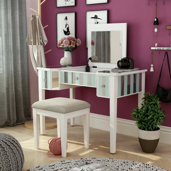 Budget ⭐ Furniture Of America Gema Glam Linen Fabric 2-piece Vanity Set Silver 🔔