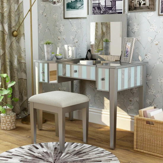 Budget ⭐ Furniture Of America Gema Glam Linen Fabric 2-piece Vanity Set Silver 🔔 - Image 2