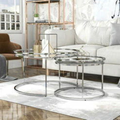 Hot Sale ๐ Furniture Of America Elema Glam Chrome 2-piece Nesting Tables Set Grey Glass ๐