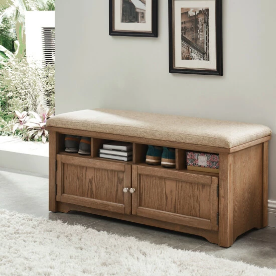 Outlet ✔️ Furniture Of America Mals Country Padded Seat 2-door Storage Bench Oak ⌛