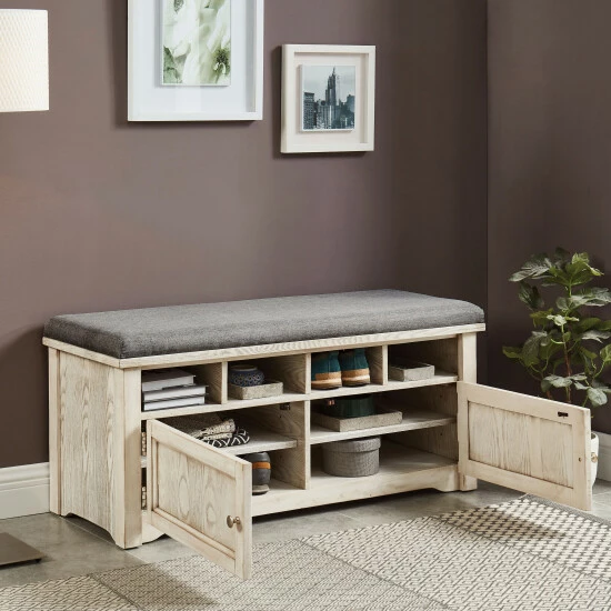 Outlet ✔️ Furniture Of America Mals Country Padded Seat 2-door Storage Bench Oak ⌛ - Image 8