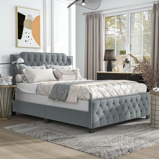 New 🔥 Furniture Of America Galavant Contemporary Upholstered Panel Bed Light Grey 🛒 - Image 2
