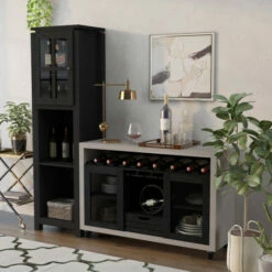 Budget 😍 Furniture Of America Caldwell Black And Cement-Like Mobile Bar Set 😍