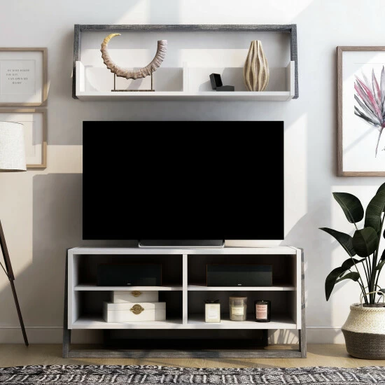 Cheapest ⌛ Furniture Of America Isabelle 2-piece TV Console And Floating Shelf Set 91"w White/distressed Grey ⭐