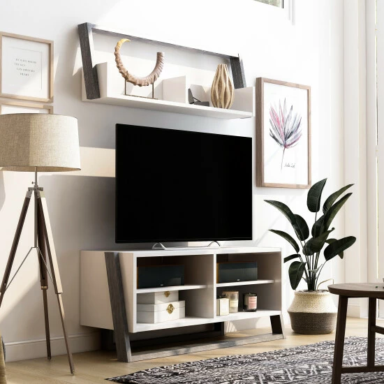 Cheapest ⌛ Furniture Of America Isabelle 2-piece TV Console And Floating Shelf Set 91"w White/distressed Grey ⭐ - Image 2
